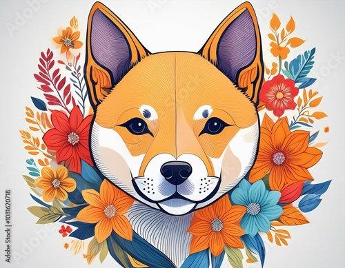 Shiba Inu head against colorful flower background wallpaper