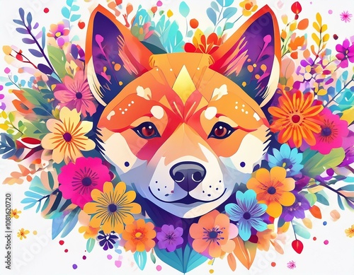 Shiba Inu head against colorful flower background wallpaper