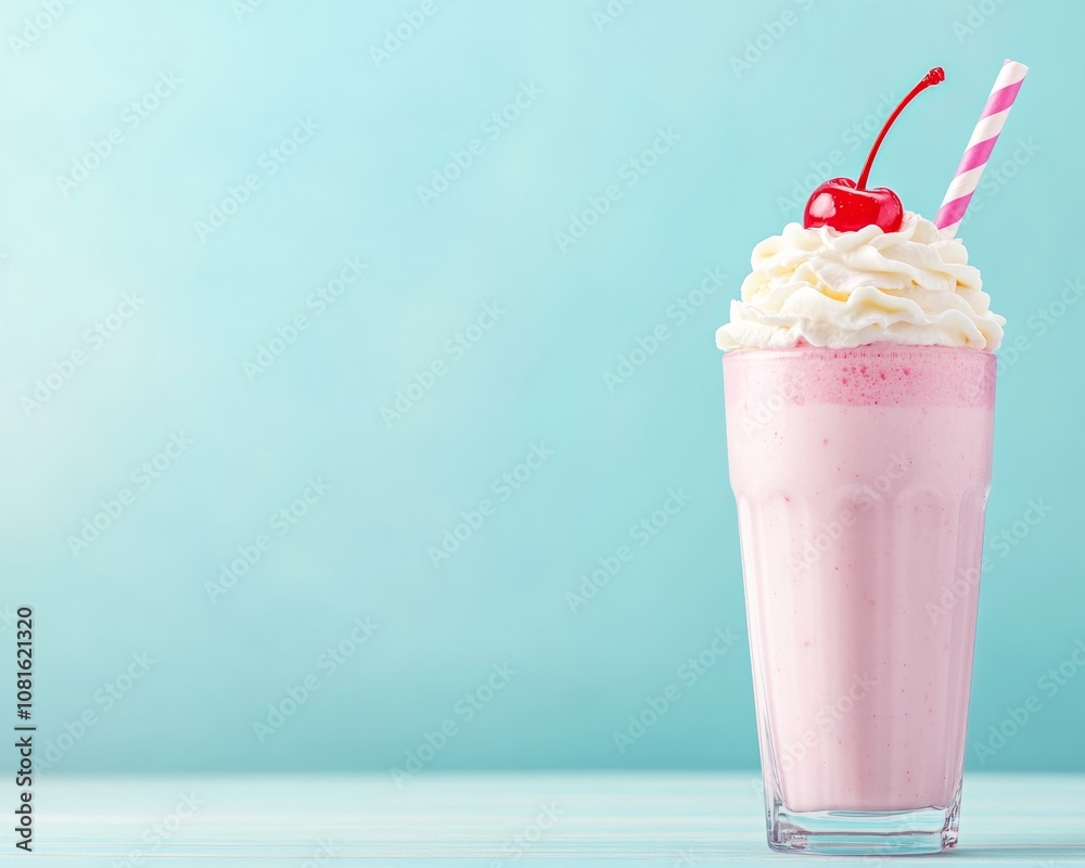 Retro Strawberry Milkshake with Whipped Cream and Cherry in Classic Diner Glass Retro Strawberry Milkshake with Whipped Cream and Cherry in Classic Diner Glass