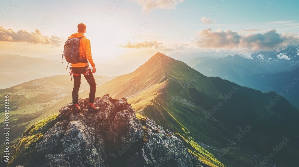 Motivated hiker ascends steep mountain cliff embracing risk and outdoor adventure spirit Motivated hiker ascends steep mountain cliff embracing risk and outdoor adventure spirit