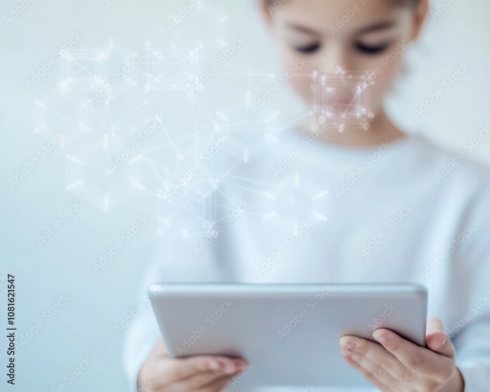 Young Child Exploring Blockchain Concepts on Tablet in Bright Indoor Setting Young Child Exploring Blockchain Concepts on Tablet in Bright Indoor Setting