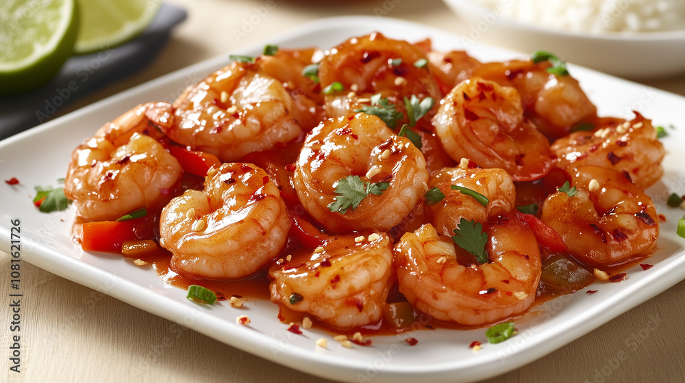 Fried shrimp in a sweet chili garlic sauce, garnished with fresh herbs on a white plate Fried shrimp in a sweet chili garlic sauce, garnished with fresh herbs on a white plate