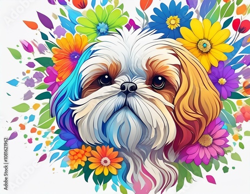 Shih tzu against colorful flower background