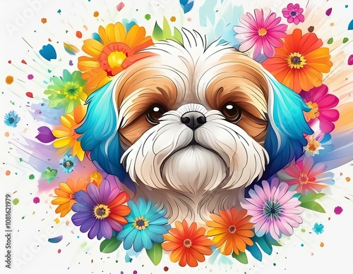 Shih tzu against colorful flower background
