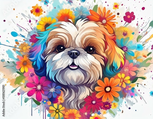 Shih tzu against colorful flower background
