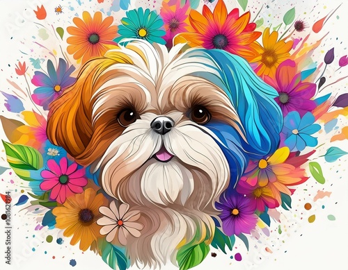 Shih tzu against colorful flower background