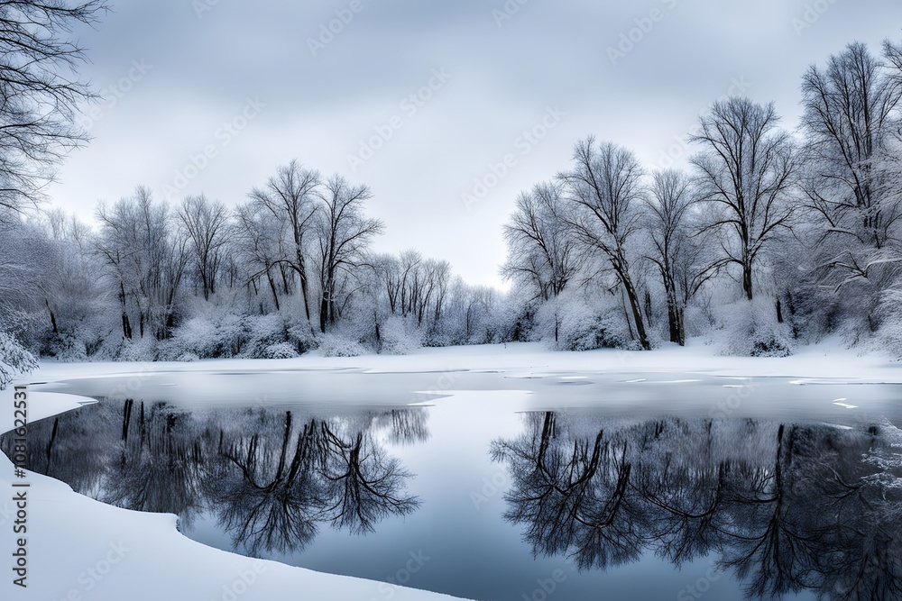 A frozen lake surrounded by snow covered trees with reflections, AI generated A frozen lake surrounded by snow covered trees with reflections, AI generated