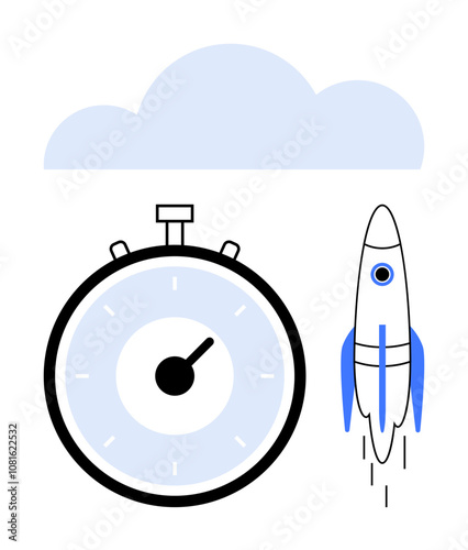 Stopwatch rocket cloud. Ideal for business acceleration, time management, deadline achievement, technology advancements, productivity, startups, innovation metaphors. Line metaphor