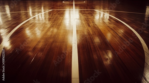 A basketball court's three-point line with polished floor and painted arc, indoor setting with focused lighting, Sleek style