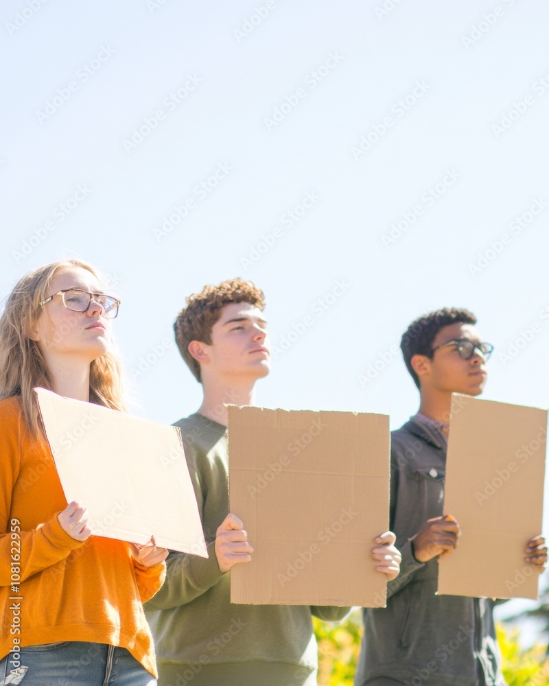 Student Activism Determined Youth Holding Protest Signs on a Sunny Campus