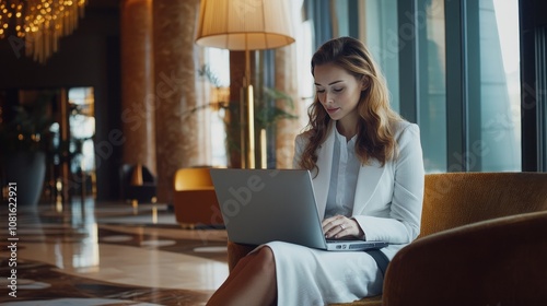 Businesswoman engaged in work on laptop while traveling for meetings in hotel lobby setting