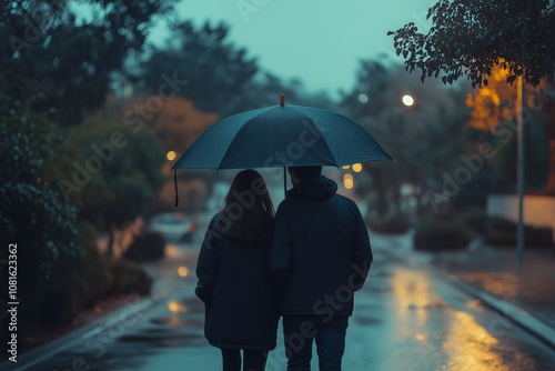 A couple walking closely under a large umbrella on a rainy evening, with soft street lights illuminating the wet pavement and surrounding trees, creating a calm and intimate scene