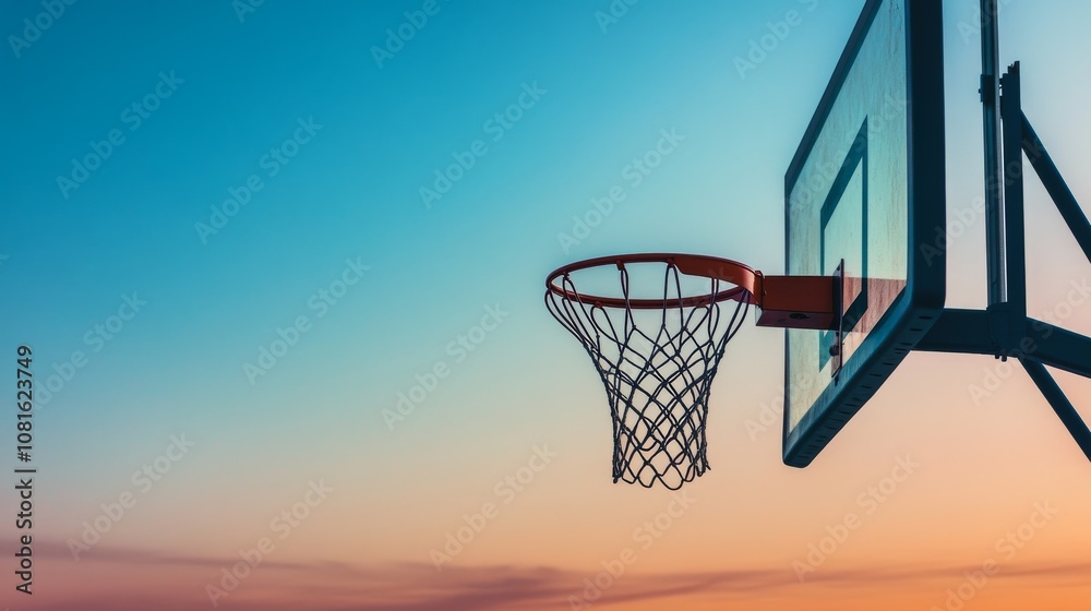 A basketball hoop and net against clear sky, outdoor setting in the afternoon, Dramatic style