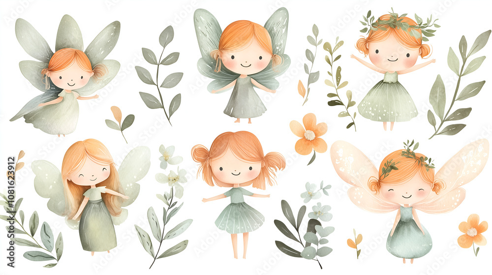 Fototapeta premium Cute watercolor fairy clip art on white