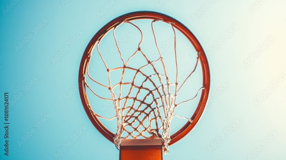 A basketball hoop and net against the sky, outdoor setting under sunlight, Minimalist style A basketball hoop and net against the sky, outdoor setting under sunlight, Minimalist style