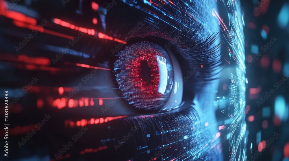 A close-up of a digital eye with red and blue lines streaming across it. A close-up of a digital eye with red and blue lines streaming across it.