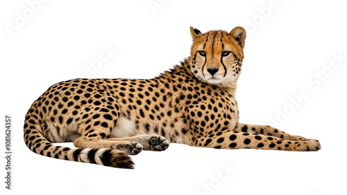 cheetah lying down on a white background....
