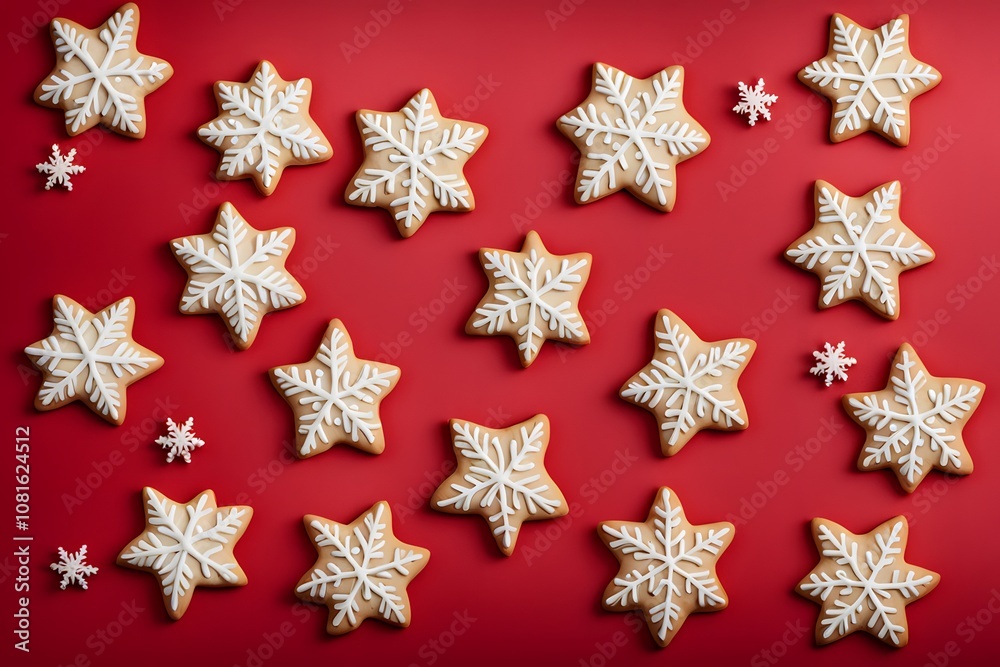 An overhead view of christmas cookies shaped like stars and snowflakes on a red background, Ai Generated An overhead view of christmas cookies shaped like stars and snowflakes on a red background, Ai Generated