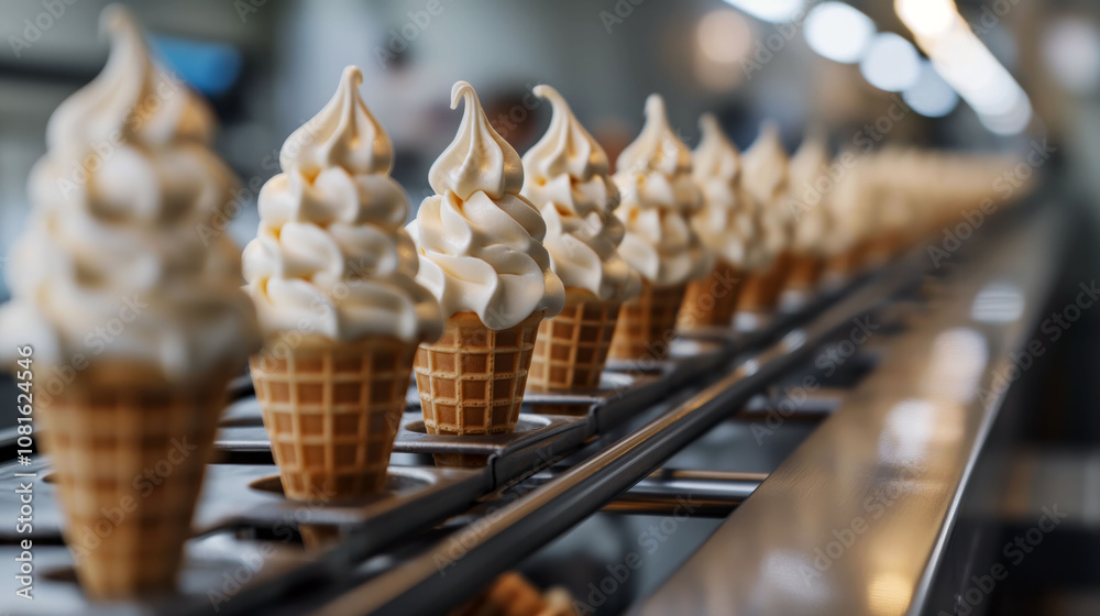 Automated process of filling waffle cones with soft-serve ice cream on a production line Automated process of filling waffle cones with soft-serve ice cream on a production line