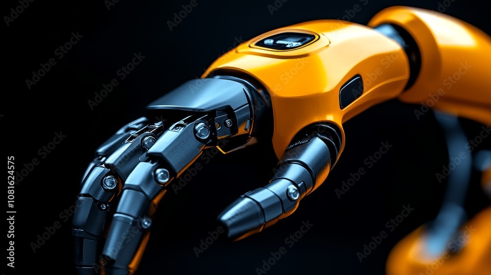 Close-up of a robotic arm with a yellow and black hand extended Close-up of a robotic arm with a yellow and black hand extended