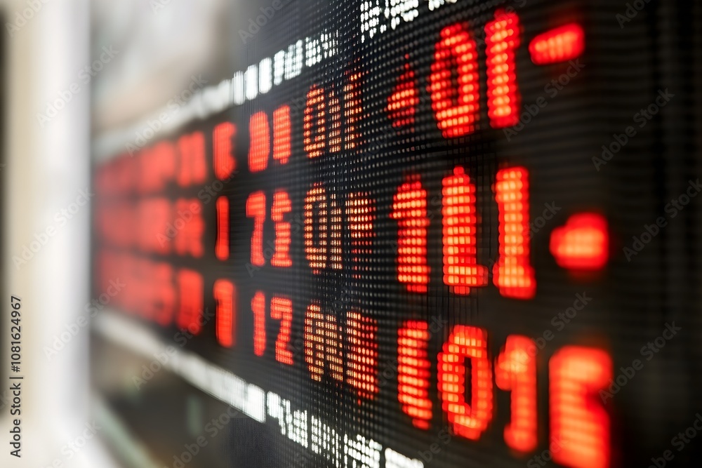 A large screen with red numbers and letters on it A large screen with red numbers and letters on it