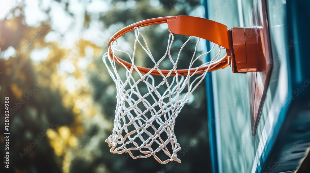 A basketball hoop with a net swaying after a dunk, outdoor setting with vibrant court colors, Urban style A basketball hoop with a net swaying after a dunk, outdoor setting with vibrant court colors, Urban style