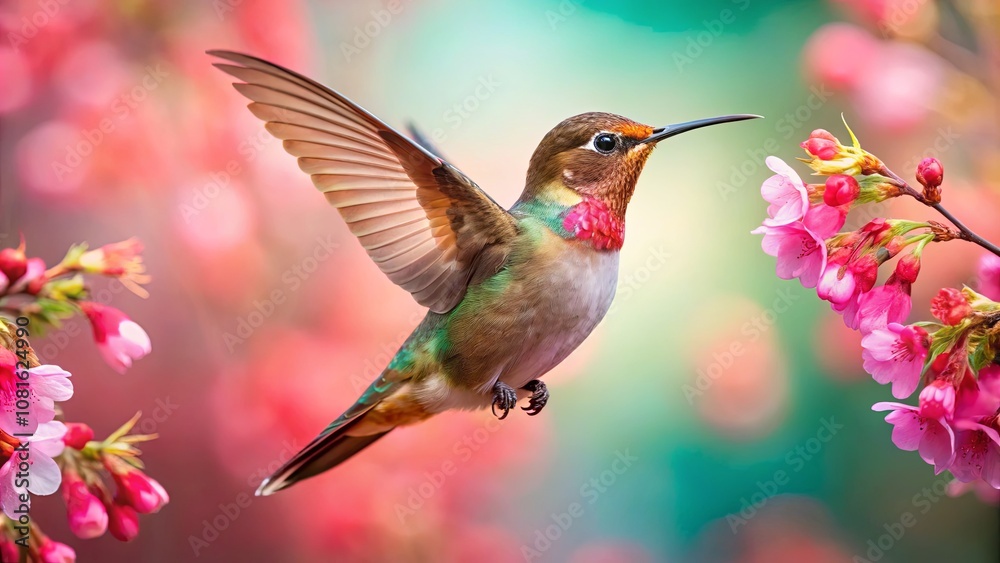 Vibrant Hummingbird in Mid-Flight Surrounded by Delicate Cherry Blossom Flowers, Capturing the Essence of Nature's Beauty and Graceful Movement Vibrant Hummingbird in Mid-Flight Surrounded by Delicate Cherry Blossom Flowers, Capturing the Essence of Nature's Beauty and Graceful Movement