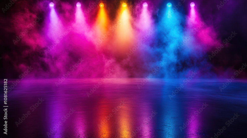 Fototapeta premium Colorful spotlights shine on a dark, smoky stage.