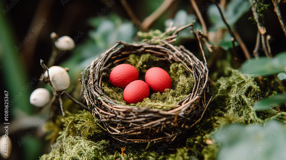 Three red eggs nestled in a bird's nest on a bed of moss. Three red eggs nestled in a bird's nest on a bed of moss.