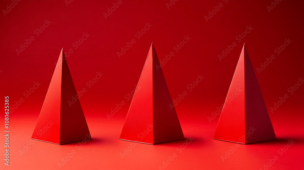 Three red pyramid shapes on a red background. Three red pyramid shapes on a red background.