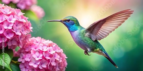 Vibrant Hummingbird Hovering Near Pink Hydrangea Blossoms in Lush Green Garden Bathed in Soft Sunlight for Nature and Wildlife Photography