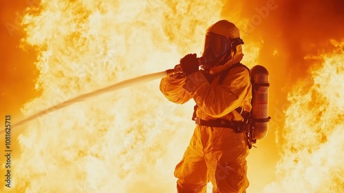 Firefighter battling flames with a hose in a hazardous environment.