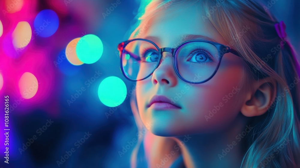 young girl with blonde hair and glasses illuminated in soft neon hues young girl with blonde hair and glasses illuminated in soft neon hues