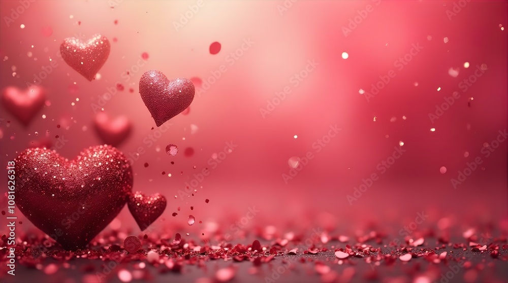 Glittering red hearts float and sparkle against a soft, rosy background, creating a dreamy and romantic atmosphere perfect for Valentine's Day designs Glittering red hearts float and sparkle against a soft, rosy background, creating a dreamy and romantic atmosphere perfect for Valentine's Day designs