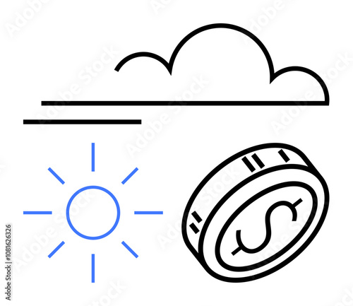 Sun, cloud, and coin together. Ideal for financial growth, economy, weather climate change investment sustainability and economic forecasting. Line metaphor. Line metaphor. Simple line icons