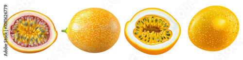 Set of a passion fruit cut in half, isolated on a transparent background.