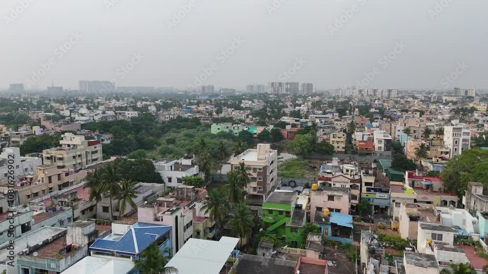 Aerial Drone shot of Chennai city with a Small Building in a congested area. Aerial Drone shot of Chennai city with a Small Building in a congested area.