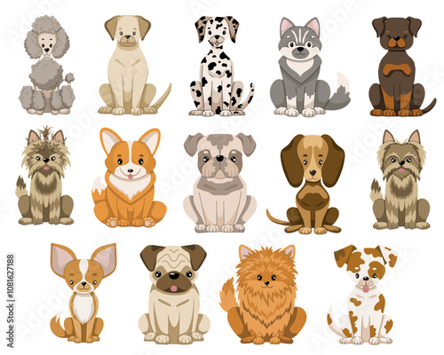 Dogs collection. Vector illustration of sitting breed dogs in flat style. Isolated illustrations set on white background.