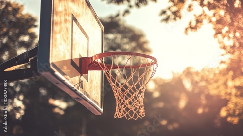 A basketball hoop's backboard and rim, outdoor setting with sunset backdrop, Urban style