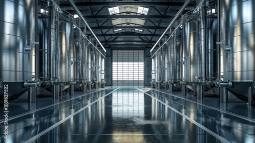 Large metal tanks in an industrial production plant with reflective surfaces and bright lighting