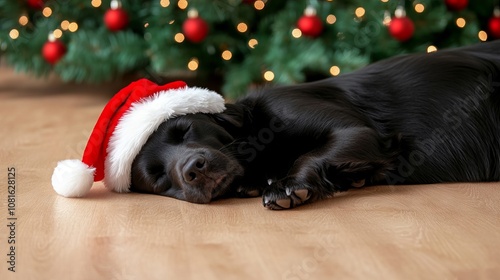 Wallpaper Mural A black dog wearing a santa hat laying on the floor Torontodigital.ca