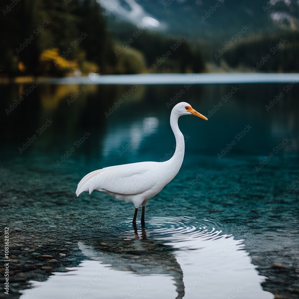 Obraz premium A white bird standing in the middle of a lake
