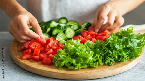 A woman skillfully arranges fresh salad ingredients, including sliced tomatoes, cucumbers, and crisp lettuce, on a wooden cutting board, emphasizing healthy cooking.