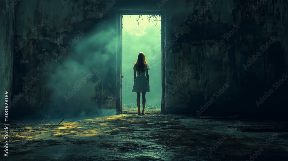 Girl standing at doorway abandoned building dramatic scene eerie environment introspective viewpoint mystery concept Girl standing at doorway abandoned building dramatic scene eerie environment introspective viewpoint mystery concept