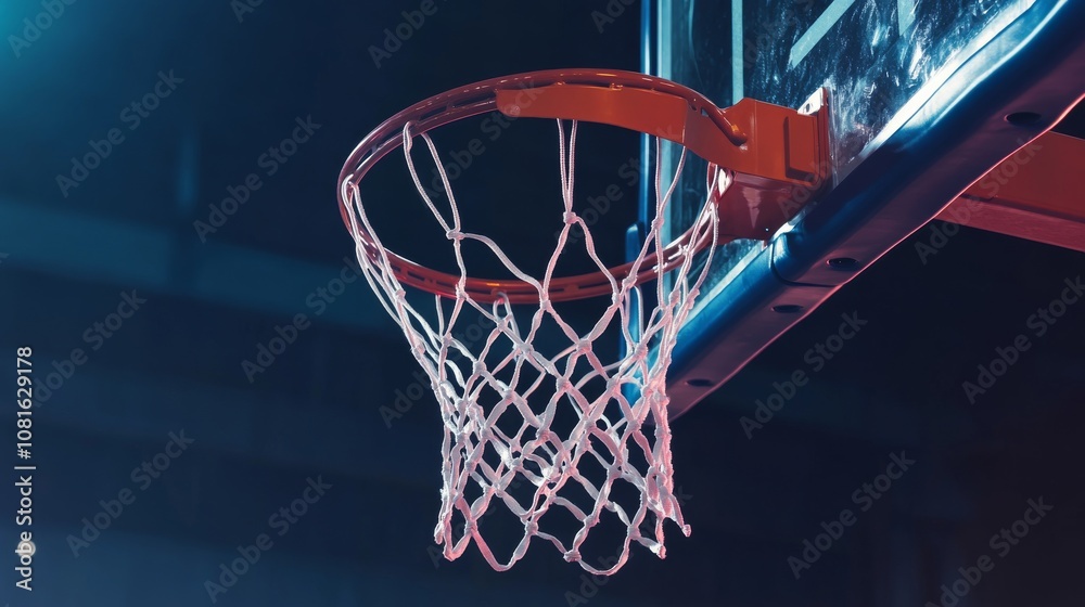 A basketball hoop's rim with net and backboard reflections, indoor setting under intense game lights, Energetic style A basketball hoop's rim with net and backboard reflections, indoor setting under intense game lights, Energetic style