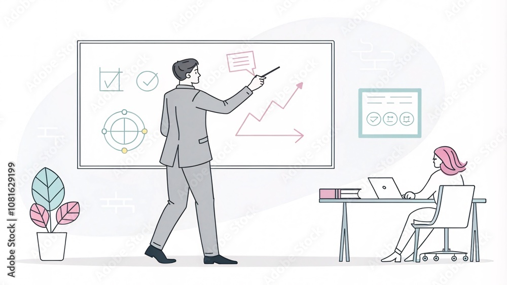 Fototapeta premium Corporate Strategy Teamwork and Growth Session, Minimalist Business Presentation Illustration V6