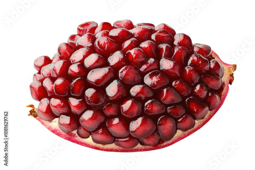 Fresh pomegranate fruit with vibrant red seeds, isolated on white background.