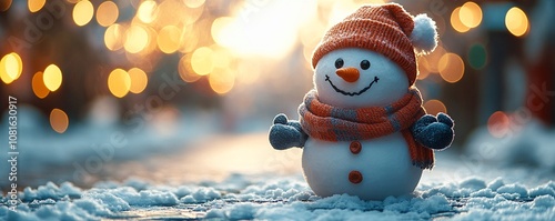 Cute snowman with stick arms using winter gloves and hat. Christmas winter background with snow and blurred bokeh light. Copy space for text