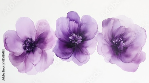 Fototapeta Naklejka Na Ścianę i Meble -  Three purple watercolor flowers on a white background.