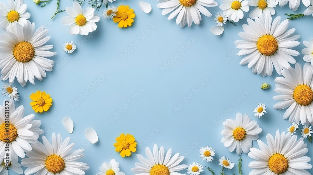 White daisies arranged in a circle on a light blue background with copy space.